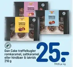 REMA 1000 Dan Cake trøffelkugler romkaramel, saltkaramel eller hindbær & lakrids 210 g, DKK 25 tilbud