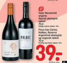 REMA 1000 Finca San Carlos, Malbec, Reserva Argentinsk økologisk og vegansk rødvin 75 cl, DKK 39 tilbud