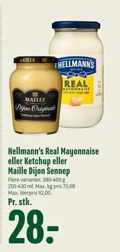 Min Købmand Hellmann’s Real Mayonnaise eller Ketchup eller Maille Dijon Sennep, DKK 28 tilbud