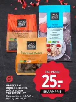 MENY URTEKRAM ØKOLOGISK MEL, MÜSLI ELLER TØRRET FRUGT, DKK 25 tilbud