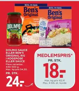 MENY DOLMIO SAUCE ELLER BEN’S ORIGINAL RIS I KOGEPOSE ELLER SAUCE, DKK 24, App-pris tilbud
