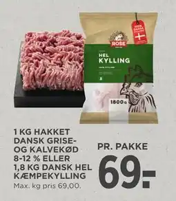 MENY 1 KG HAKKET DANSK GRISEOG KALVEKØD 8-12 % ELLER 1,8 KG DANSK HEL KÆMPEKYLLING., DKK 69 tilbud