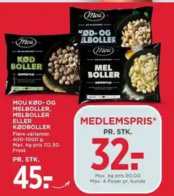 MENY MOU KØD- OG MELBOLLER, MELBOLLER ELLER KØDBOLLER, DKK 45, App-pris tilbud