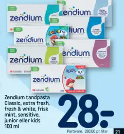 REMA 1000 Zendium tandpasta Classic, extra fresh, fresh & white, frisk mint, sensitive, junior eller kids tilbud