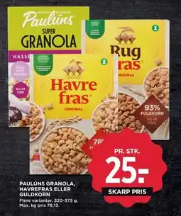 MENY PAULÚNS GRANOLA, HAVREFRAS ELLER GULDKORN, DKK 25 tilbud