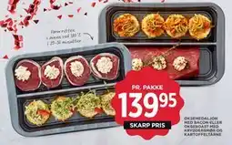 MENY OKSEMEDALJON MED BACON ELLER OKSEROAST MED KRYDDERSMØR OG KARTOFFELTÅRNE, DKK 139.95 tilbud