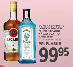 MENY BOMBAY SAPPHIRE LONDON DRY GIN ELLER BACARDI AÑEJO CUATRO 4 ÅRS ROM, DKK 99.95 tilbud