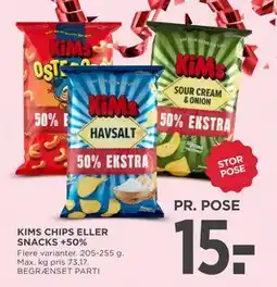 MENY KIMS CHIPS ELLER SNACKS +50%, DKK 15 tilbud