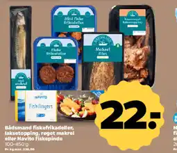 Netto Bådsmand fiskefrikadeller, laksetopping, røget makrel eller Navito fiskepinde tilbud