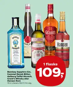 Kvickly Bombay Sapphire Gin, Gammel Dansk Bitter, Aalborg Taffel Akvavit, Grant's Whisky eller Hansen Rom tilbud