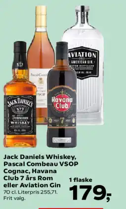 Kvickly Jack Daniels Whiskey, Pascal Combeau VSOP Cognac, Havana Club 7 års Rom eller Aviation Gin tilbud