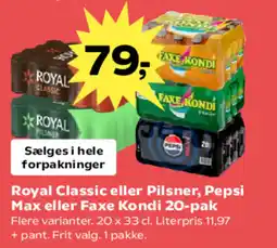 Kvickly Royal Classic eller Pilsner, Pepsi Max eller Faxe Kondi tilbud