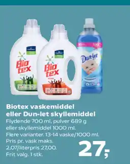 Kvickly Biotex vaskemiddel eller Dun-let skyllemiddel tilbud