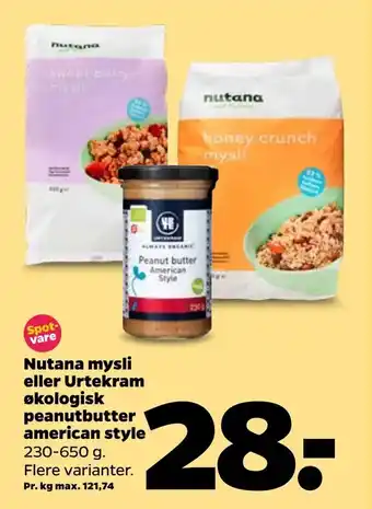 Netto Nutana mysli eller Urtekram økologisk peanutbutter american style tilbud