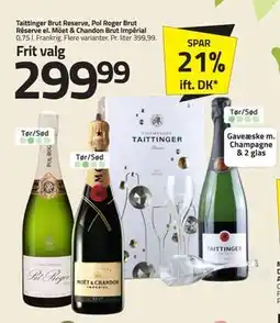 Fleggaard Taittinger Brut Reserve, Pol Roger Brut Réserve el. Möet & Chandon Brut Impérial, DKK 299.99 tilbud