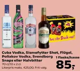Kvickly Poliakov Vodka, Svendborg C Snaps eller Halvbitter uba Vodka, Sismofytter Shot, Flügel, tilbud