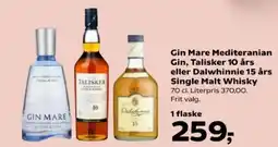 Kvickly Gin Mare Mediteranian Gin, Talisker 10 års eller Dalwhinnie 15 års Single Malt Whisky tilbud