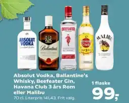 SuperBrugsen Absolut vodka, ballantine's whisky, beefeater gin, havana club 3 års rom eller malibu tilbud