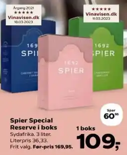 SuperBrugsen Spier Special Reserve i boks Sydafrika. 3 liter. Literpris 36,33. tilbud