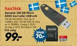 Bilka Sandisk 128 GB Micro SDXC kort eller USB stik, DKK 99 tilbud