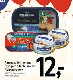 Føtex Amanda, Bornholms, Glyngøre eller Munkebo fiskekonserves, DKK 12 tilbud