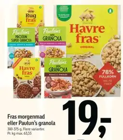 Føtex Fras morgenmad eller Paulun’s granola, DKK 19 tilbud