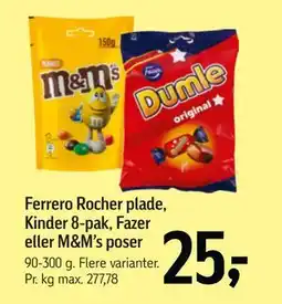 Føtex Ferrero Rocher plade, Kinder 8-pak, Fazer eller M&M’s poser, DKK 25 tilbud