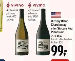 Føtex Buttery Blanc Chardonnay eller Sincere Red Pinot Noir, DKK 99 tilbud