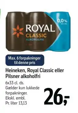 Føtex Heineken, Royal Classic eller Pilsner alkoholfri, DKK 26 tilbud