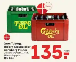 SPAR Grøn Tuborg, Tuborg Classic eller Carlsberg Pilsner, DKK 135 tilbud