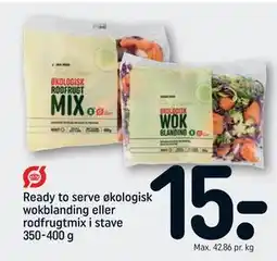 REMA 1000 Ready to serve økologisk wokblanding eller rodfrugtmix i stave 350-400 g, DKK 15 tilbud