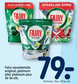 REMA 1000 Fairy opvasketabs original, platinum eller platinum plus 36-56 stk., DKK 79 tilbud