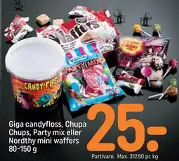 REMA 1000 Giga candyfloss, Chupa Chups, Party mix eller Nordthy mini waffers 80-150 g, DKK 25 tilbud