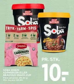MENY SOBA NISSIN KOPNUDLER ELLER BEAUVAIS SNACK CUP, DKK 10 tilbud