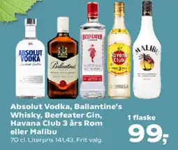 Kvickly Absolut Vodka, Ballantine's Whisky, Beefeater Gin, Havana Club 3 års Rom eller Malibu tilbud