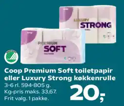 Kvickly Coop Premium Soft toiletpapir eller Luxury Strong køkkenrulle tilbud