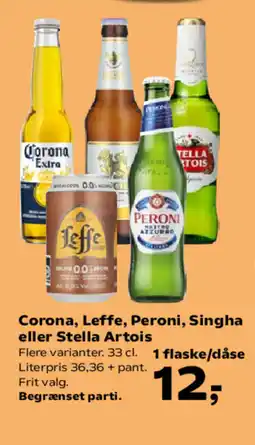 Kvickly Corona, Leffe, Peroni, Singha eller Stella Artois tilbud
