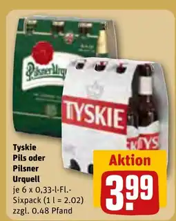 REWE DE Tyskie Pils oder Pilsner Urquell tilbud