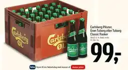Føtex Carlsberg Pilsner, Grøn Tuborg eller Tuborg Classic flasker, DKK 99 tilbud