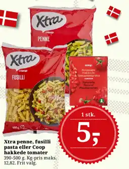 Dagli'Brugsen Xtra penne, fusilli pasta eller Coop hakkede tomater tilbud