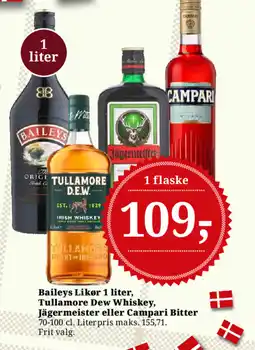 Dagli'Brugsen Baileys Likør 1 liter, Tullamore Dew Whiskey, Jägermeister eller Campari Bitter tilbud