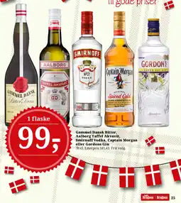 Dagli'Brugsen Gammel Dansk Bitter, Aalborg Taffel Akvavit, Smirnoff Vodka, Captain Morgan eller Gordons Gin tilbud