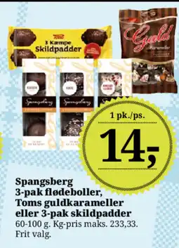 Dagli'Brugsen Spangsberg 3-pak flødeboller, Toms guldkarameller eller 3-pak skildpadder tilbud