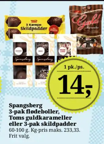 Dagli'Brugsen Spangsberg 3-pak flødeboller, Toms guldkarameller eller 3-pak skildpadder tilbud