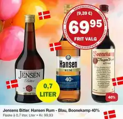 Købmandsgården Jensens Bitter Hansen Rum - Blau, Boonekamp 40%., DKK 69.95 tilbud