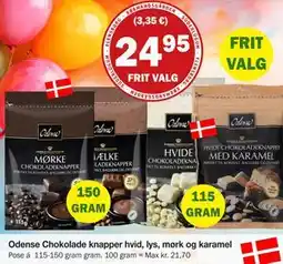 Købmandsgården Odense Chokolade knapper hvid, lys, mørk og karamel, DKK 24.95 tilbud