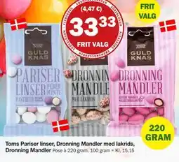 Købmandsgården Toms Pariser linser, Dronning Mandler med lakrids, Dronning Mandler, DKK 33.33 tilbud