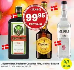 Købmandsgården Jägermeister. Papidoux Calvados Fine, Molinar Sabuca, DKK 99.95 tilbud