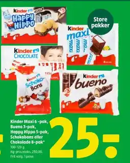 Coop 365 Kinder Maxi 6 -pak, Bueno 3-pak, Happy Hippo 5-pak, Schokobons eller Chokolade 8-pak* tilbud