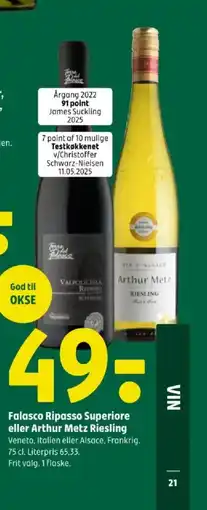 Coop 365 Falasco Ripasso Superiore eller Arthur Metz Riesling tilbud